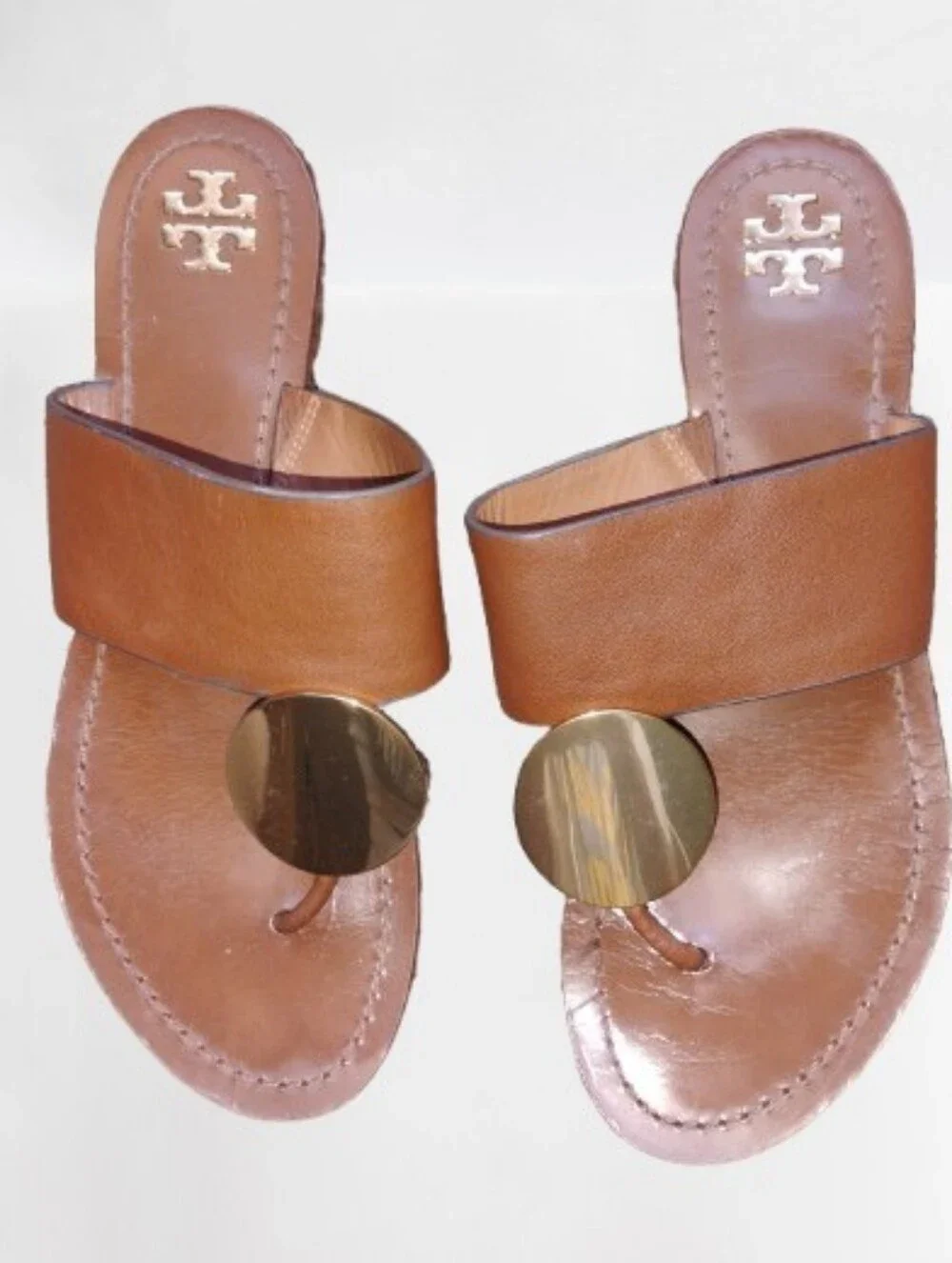 Tory Burch Patos Disk Leather Sandal Brown Gold Size 8M